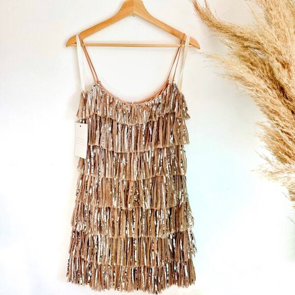 NEW MAC DUGGAL Silver Sequin Fringe Tiered Tank Ruffle Beige $698 Mini Dress 2 - Picture 6 of 13